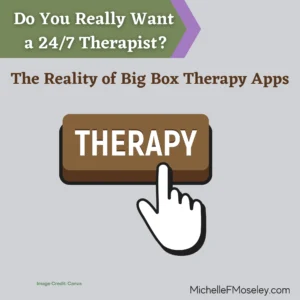 Clipart image of a finger reaching for a computer button that says "therapy" to symbolize the big tech companies in the therapy space.  