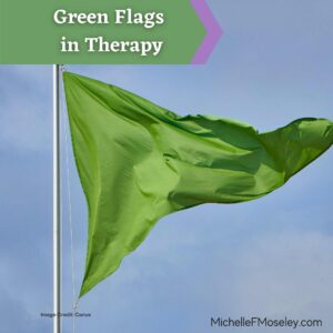 Image of a triangular shaped green flag blowing in the wind with blue sky behind it.  