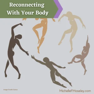 Graphic silhoettes of a variety of bodies in different shades moving as though dancing around the page to show one benefit of being more connected to your body.