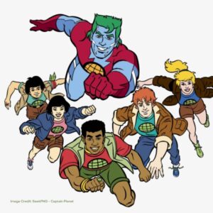 Image shows the characters of Captain Planet as described in text.  