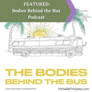 Logo of Bodies Behind the Bus podcast, which is a line-drawn bus with 2 palm trees and the sun in the background.