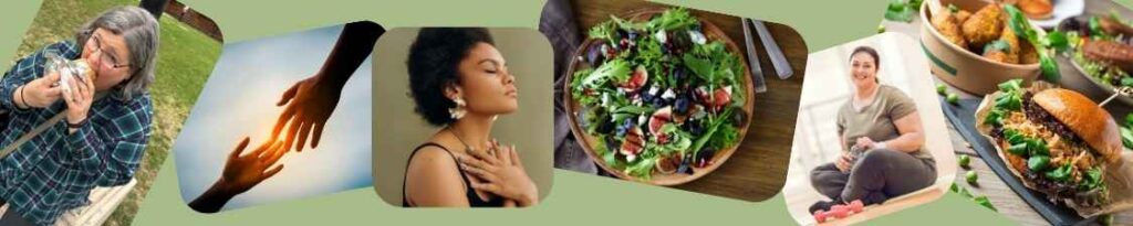 Multiple images to represent finding peace with food and your body through Body Mindfulness. Images include people of various sizes and skin tones engaging in activities, as well as variety of foods.