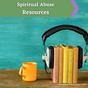 Image shows the spine of 5 hardback books, standing upright and with over-the-ear headphones holding them together tightly.  A yellow coffee mug sits beside them.  Image represents the various types of resources a person might find about spuiritual abuse.  