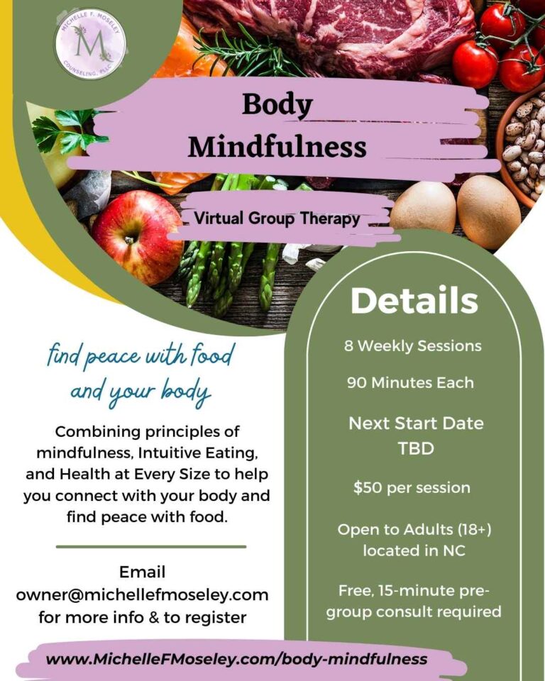 Image contains details about Body Mindfulness Virtual Group Therapy. All details are also included in the text of this page.