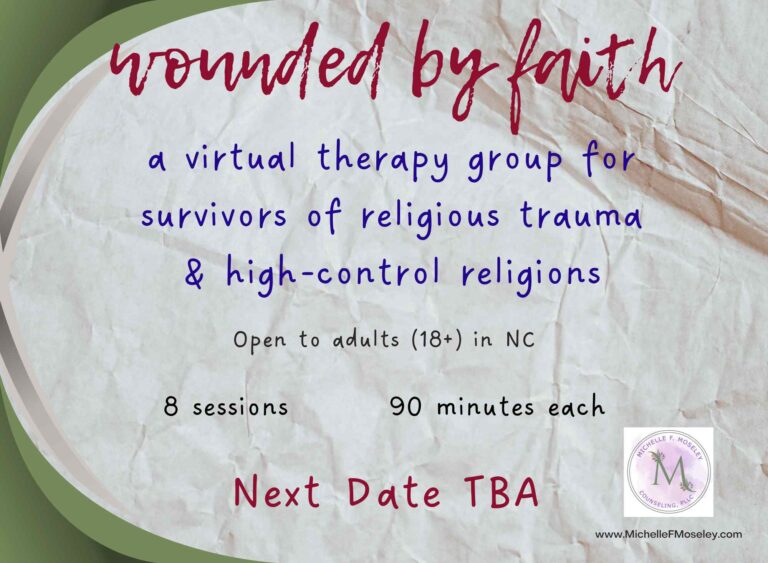 Image includes text with details about Wounded By Faith Therapy Group. Next date TBA. All details also included in text of webapage.