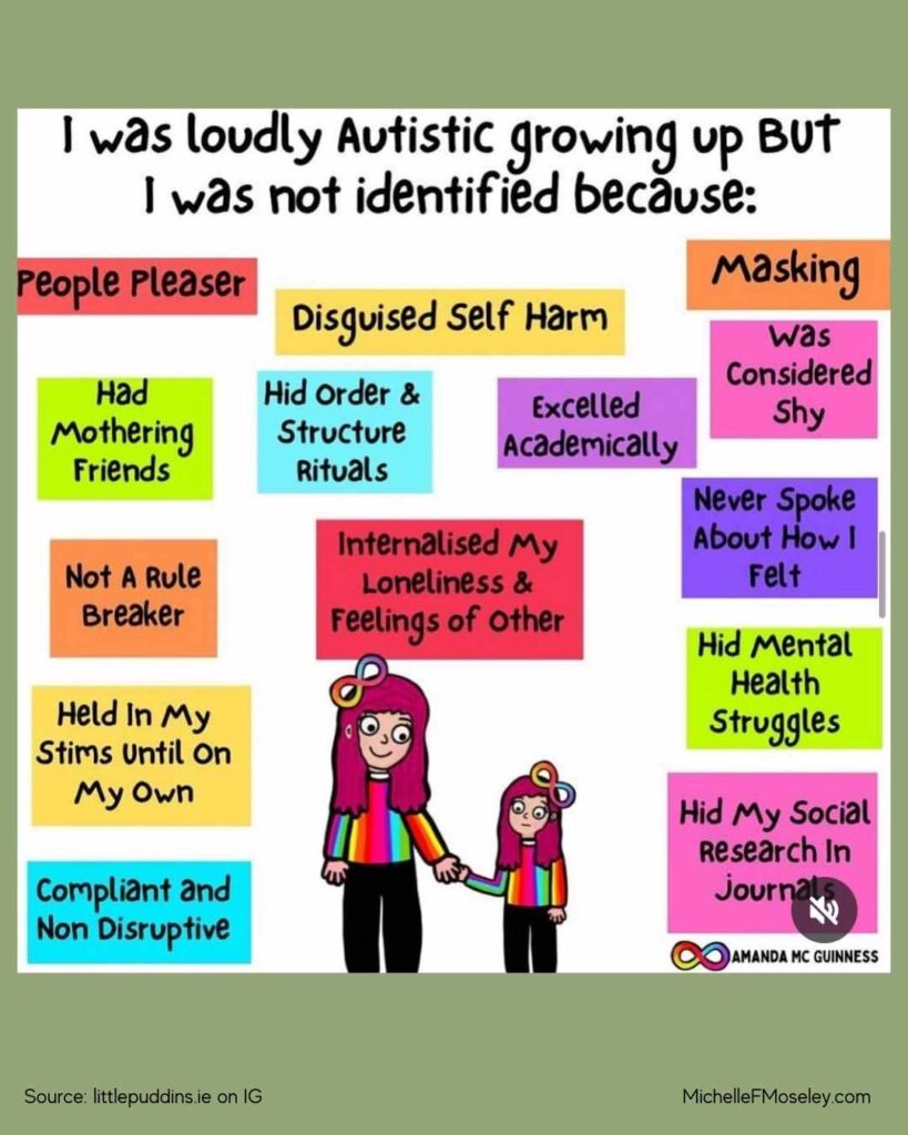 Image reads:  I was loudly autistic growing up, but was not diagnosed because:  people pleaser, had mothering friends, not a rule breaker, held in my stems until on my own, hid structure and order rituals, disguised self harm, excelled academically, internalised my loneliness, masking, was considered shy, had mental health struggles, hid my social research in journals.  