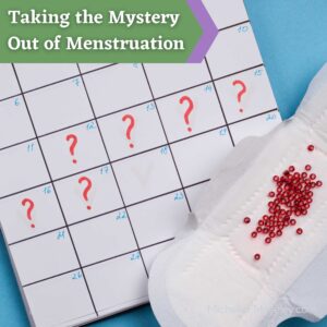 Image of a calendar with red question marks on 5 of the visible date squares.  Atop the calendar is a menstrual pad with red beads arranged to resemble menstrual blood.  