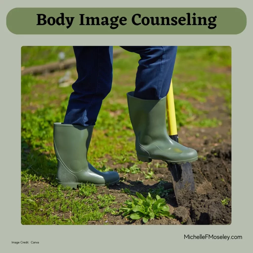 The feet of a person clad in green rainboots and digging a hole to represent the process of digging up messages of that impact body image.