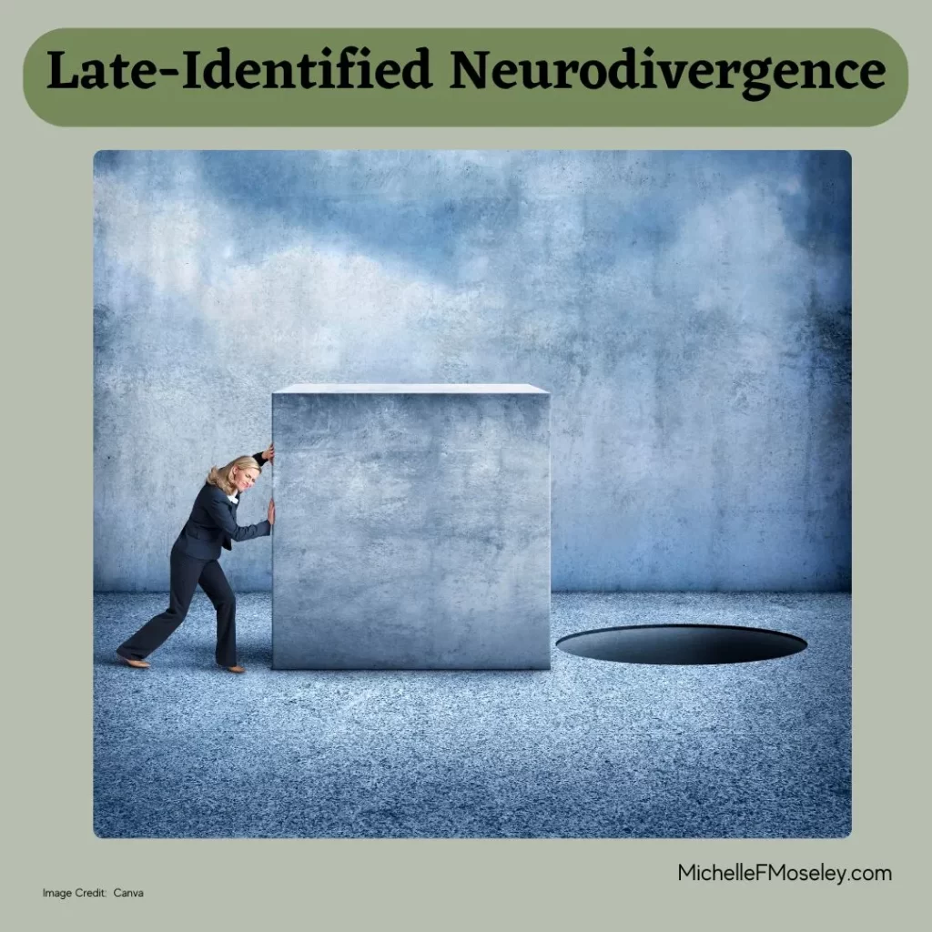 A woman wearing a business suit is pushing a large square toward a round hole, representing the work of being neurodivergent in an unsupportive envoronment.