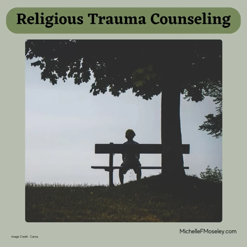 A solitary figure sits on a bench underneath a tree, showing the feelings of isolation may come with religious trauma or deconstruction of beliefs.