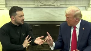 Ukranian President Zelensky actively engaged in discussion with US President Trump.  This was early in the interaction.  