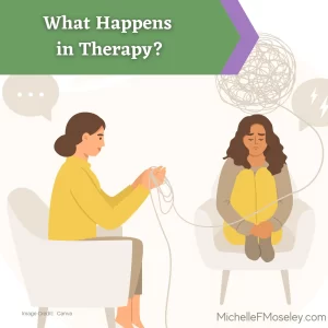Illustrated image of a person of 2 people sitting in chairs. The person on the right has long, brown hair and has their legs pulled up to their chest in the chair; above them is a jumbled ball of thread. The person on the left is sitting relaxed in their chair and slowly untangling the ball of thread that is above the other person's head. This represents what can happen in therapy.