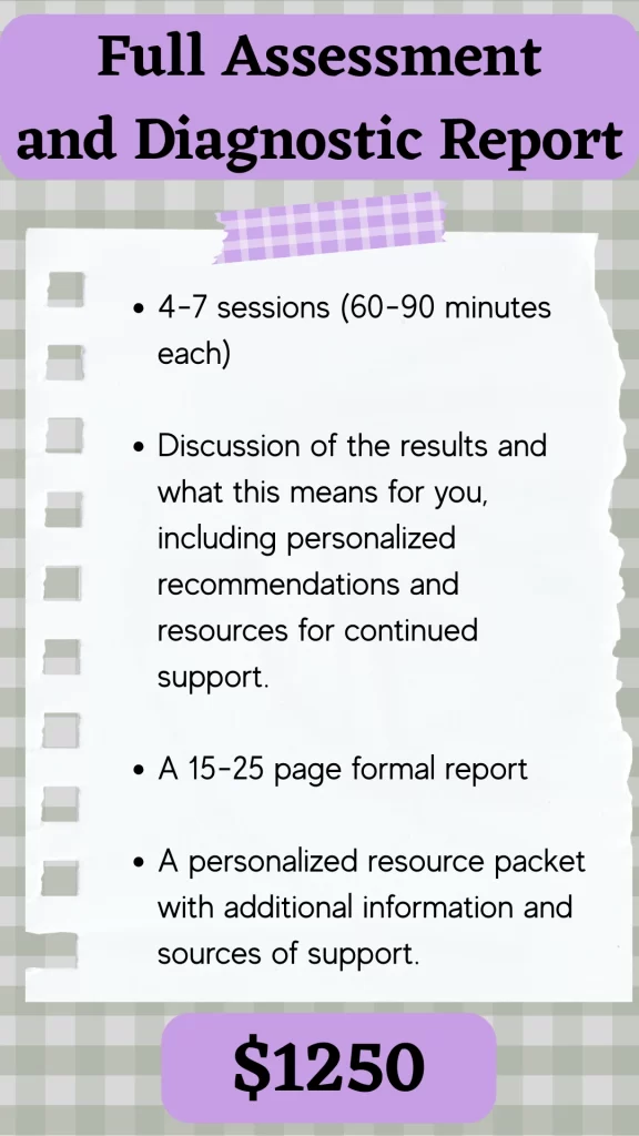 Description of neurodivergent-affirming Full Assessment with Diagnostic Report - this information is also included in the text box below.