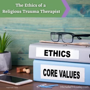 An image of 2 binder-type notebooks stacked on top of one another.  The spine of one binder is labeled "ethics" and the spine of the other binder is labeled "core values."  