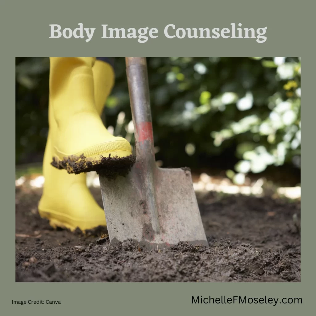 Picture of a foot wearing a yellow rainboot and pushing down on a shovel into the ground to show the deep work that is part of body image counseling.