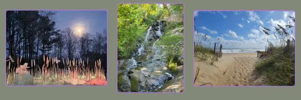 Collage image of 2 pictures taken across the state of NC - mountain waterfall, Piedmont moon, and Outer Banks beach.