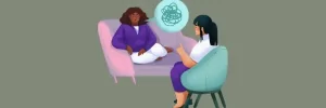 Cartoon image of 2 individuals sitting in chairs across from one another talking to symbolize religious trauma therapy.