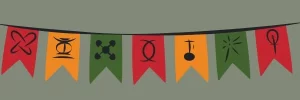 A green background with a hanging banner of penants that represent the core principles of Kwanzaa.
