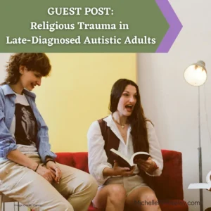 A white person with shoulder length, shaggy, brown hair sits atop a high stool beside of a white woman with long, brown hair who is sitting on a couch and holding a religious text. 