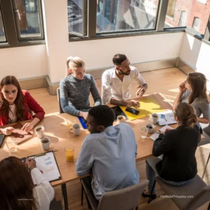 A group of individuals of various genders and skin tones sits around a table having a discussion during a mental health workshop.