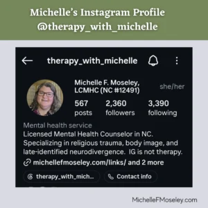 Screenshot of the author's professional Instagram profile - @therapy_with_michelle - showing her headline and bio.  