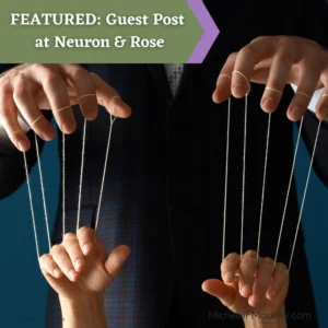 Large white hands with strings attached are connected to smaller white hands to show the impacts of being controlled by a person or environment.  